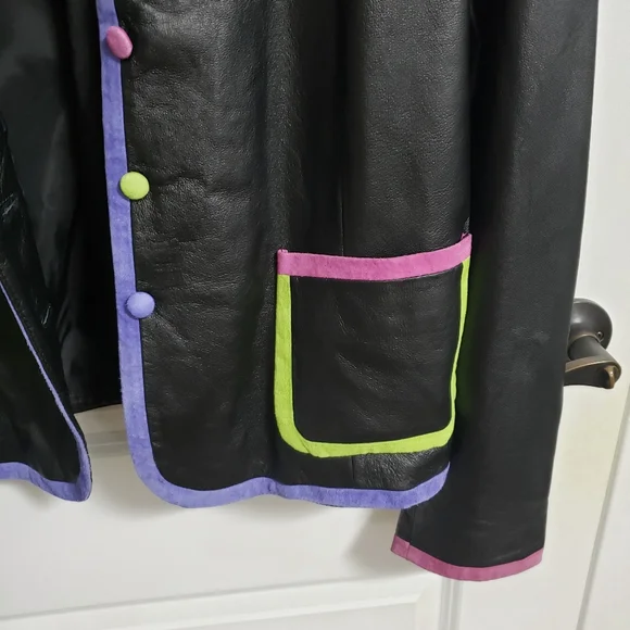 METROSTYLE Leather Jacket with Colorful Trim and Buttons - Picture 8 of 9